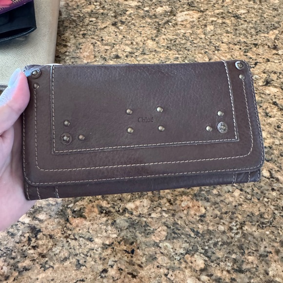 AUTH CHLOE STUDDED LEATHER LONG WALLET BROWN PREOWNED